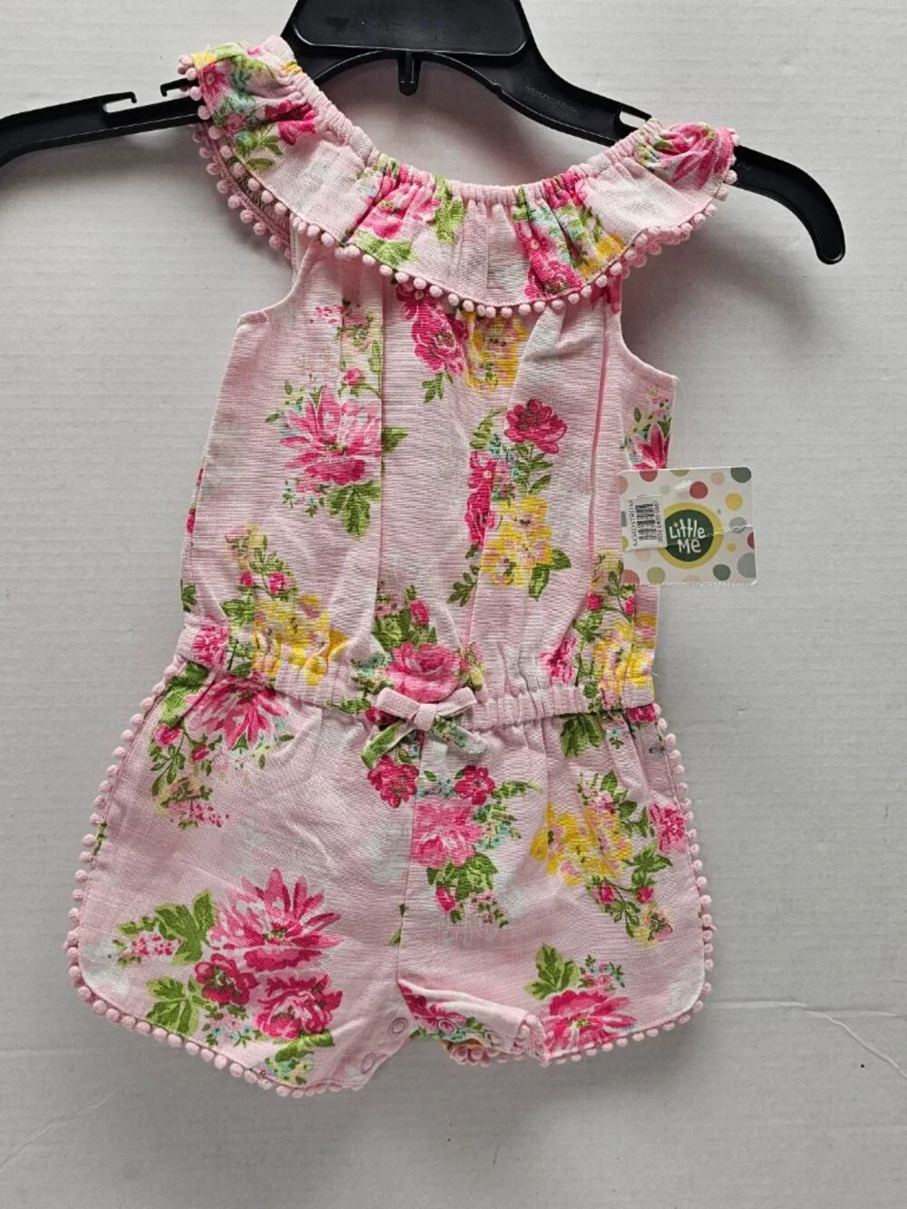 New Little Me Pink Baby Girl Flower Woven Romper Sleeveless Pom edge 24 Month